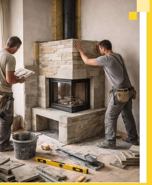 Угловые камины под ключ проект, монтаж и отделка в Омске