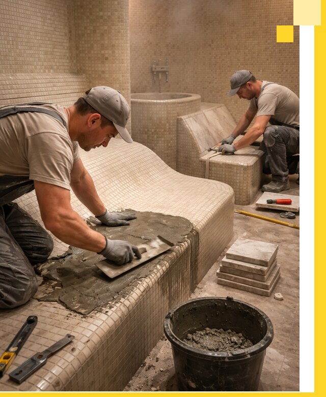 Лежаки для хамама под ключ в Омске, проект и монтаж