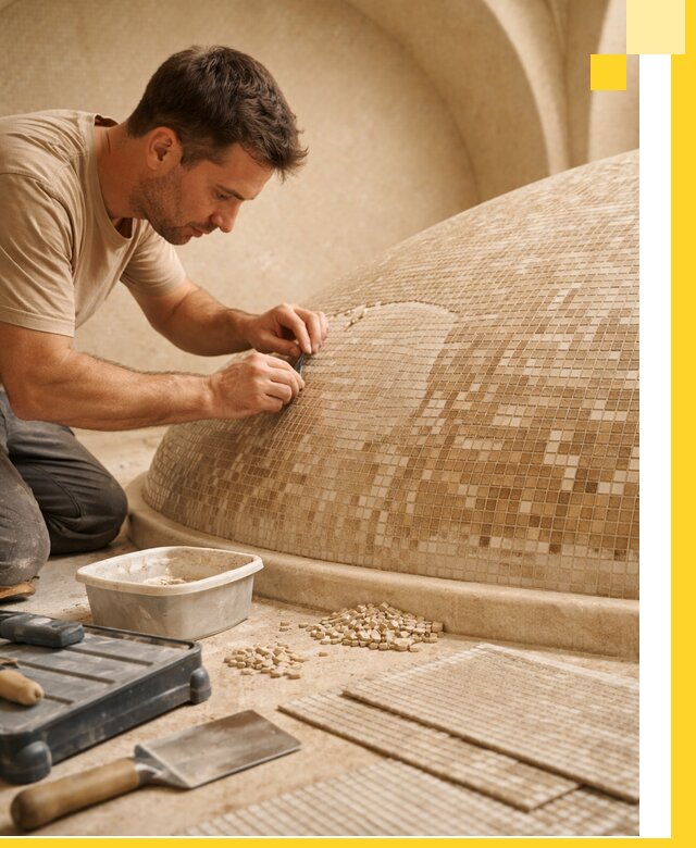 Профессиональная укладка мозаики для хамама под ключ в Омске